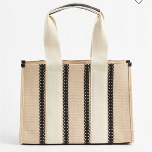 H&M Beige and Black Striped Jute and Cotton Tote